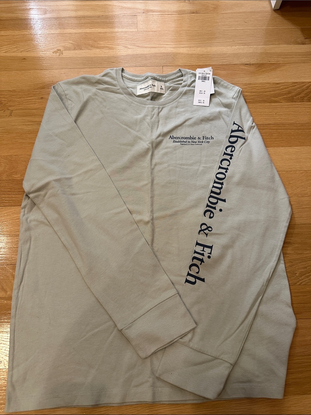 Abercrombie & Fitch Men's Long-Sleeve Logo Tee - Sage Green with Navy Print